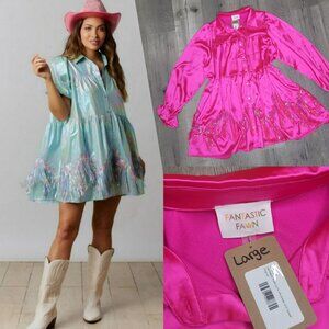 Fantastic Fawn NWT Pink Fringe Satin Tunic baby doll Dress barbie western Large
